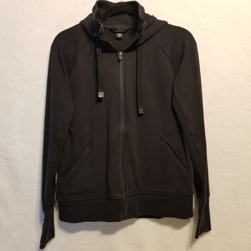 Athleta S Hoodie Black Triumph Full Zip Sweatshirt Thumbholes Athleisure Gym